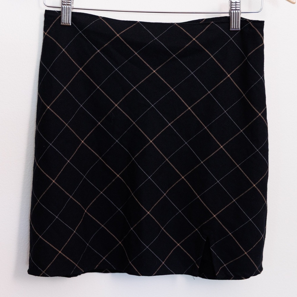 Abercrombie & Fitch Black Plaid Grid Mini Skirt Front Slit Preppy Size S